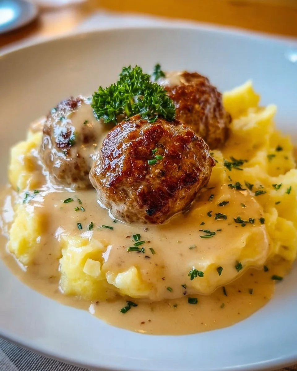 Hackbällchen in cremiger Sauce mit Kartoffelpüree