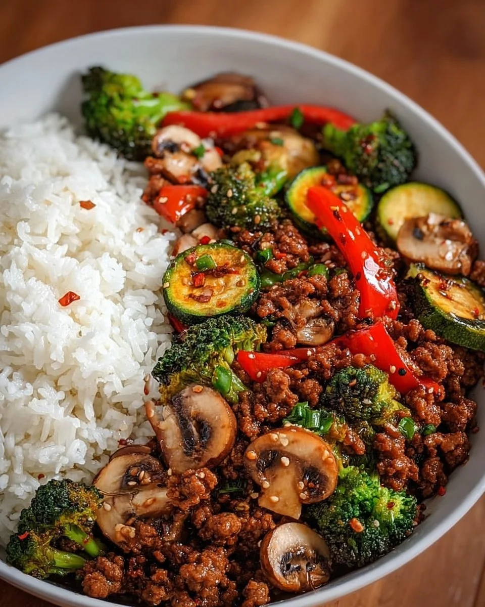 Spicy Ground Beef Stir-Fry Bowl with Garlic Veggies &amp; Steamy Rice