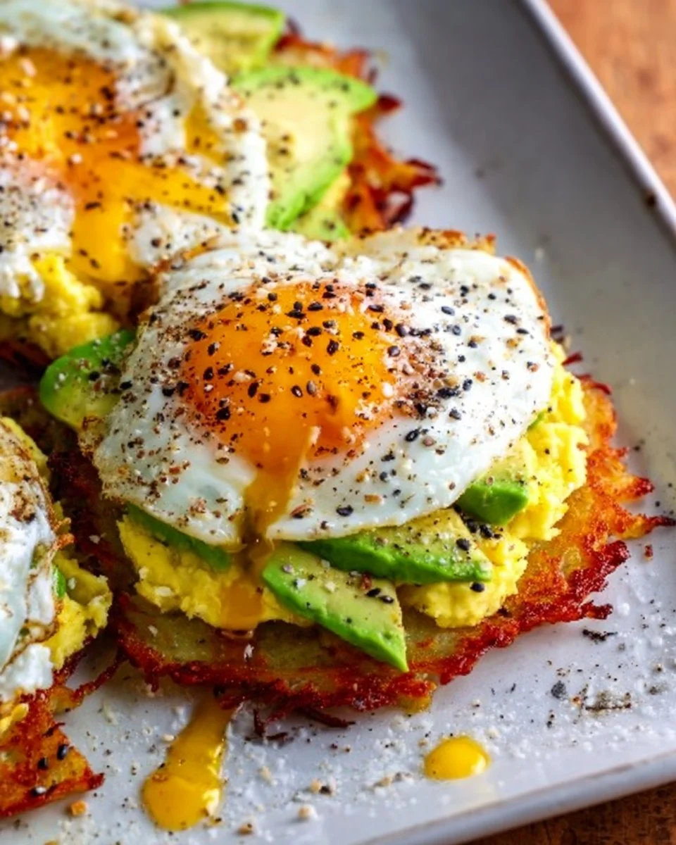 Beladene Rösti mit Rührei, Avocado und Hüttenkäse Rezept