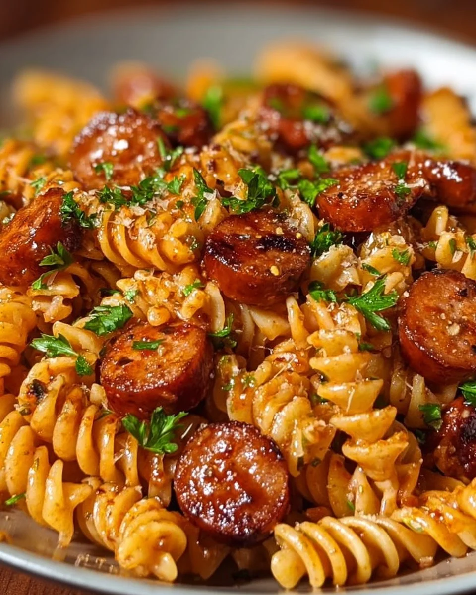 Ein-Pfannen würzige Honig BBQ Wurst &amp; Pasta