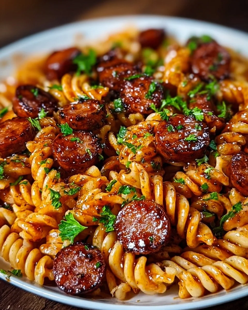 Ein-Pfannen würzige Honig-BBQ-Wurst &amp; Pasta