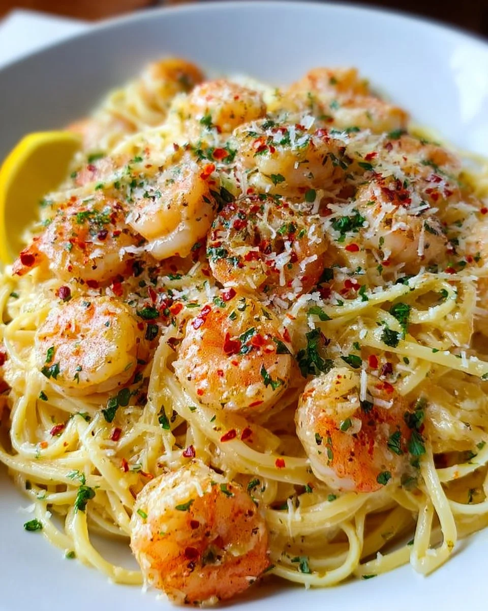 Garnelen Scampi mit Knoblauchrahm-Pasta