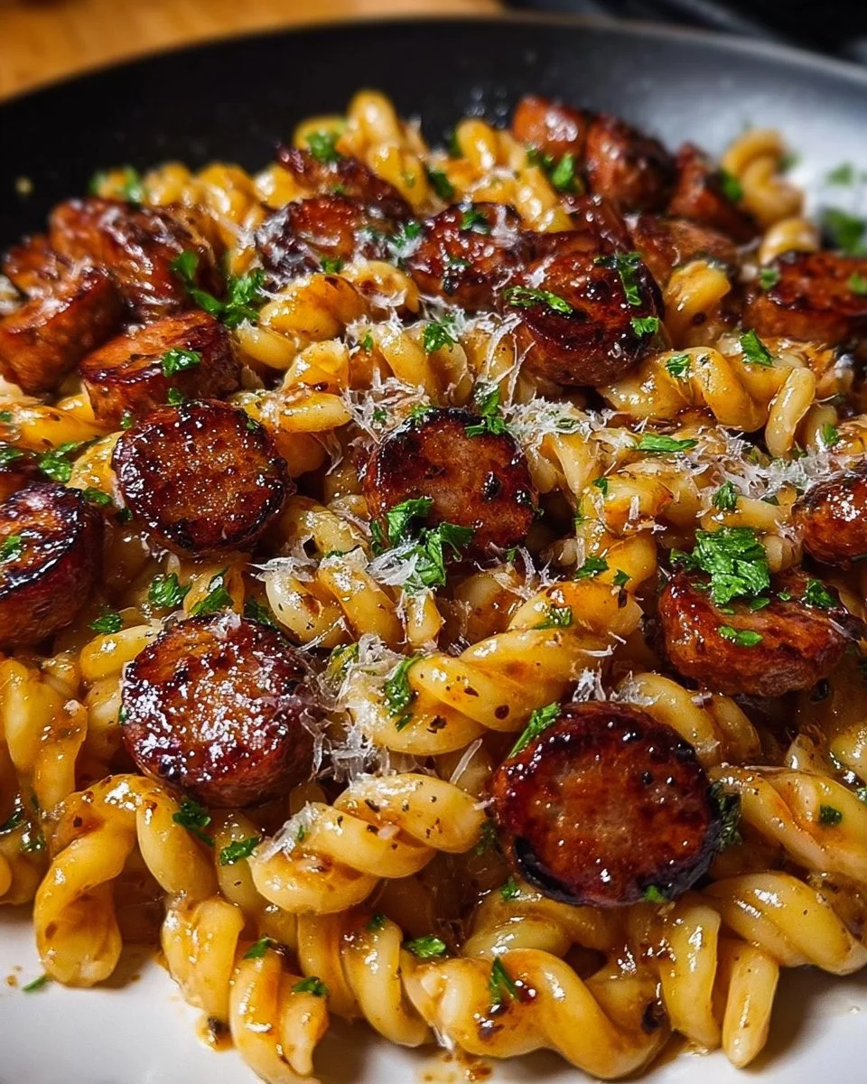 Klebrige Honig-Knoblauch-Wurst-Pasta-Pfanne