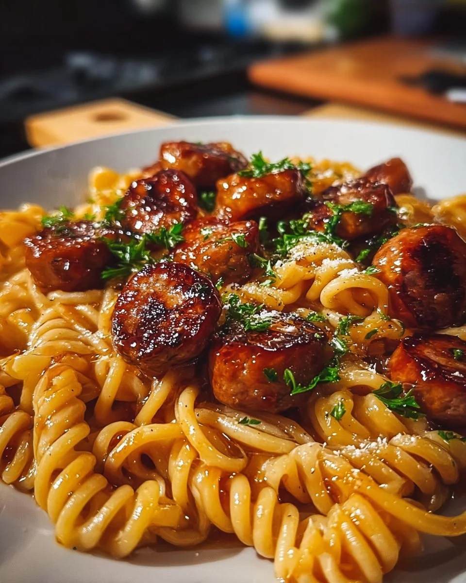 Klebrige Honig-Knoblauch-Wurst-Pasta-Pfanne