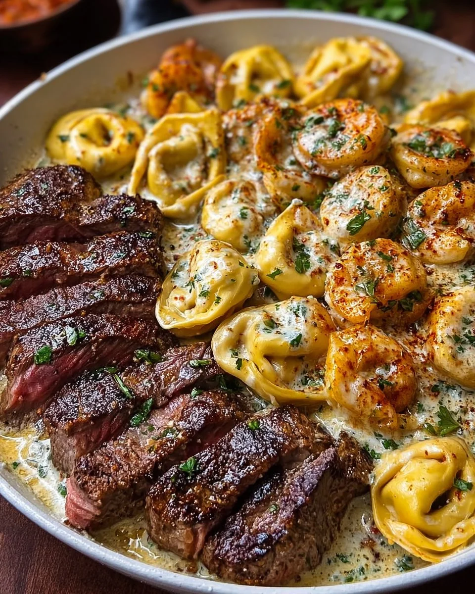 Knoblauch-Steak mit Käse gefüllte Tortellini-Pfannenfreude