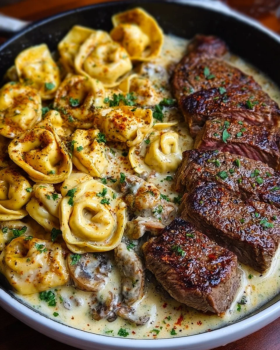 Knoblauchsteak und käsegefüllte Tortellini-Pfanne Glück