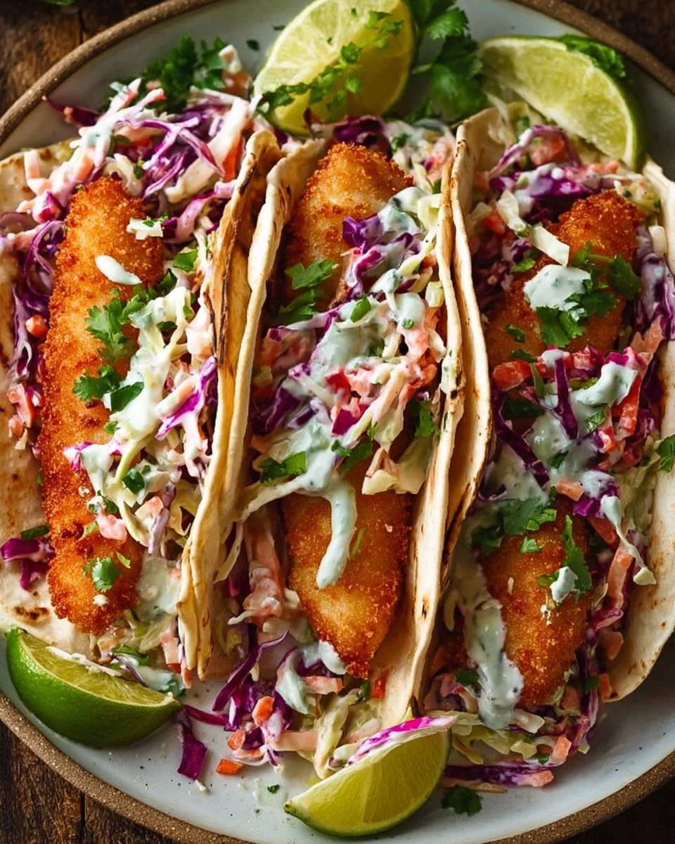 Knusprige Fisch-Tacos mit Koriander-Limetten-Slaw