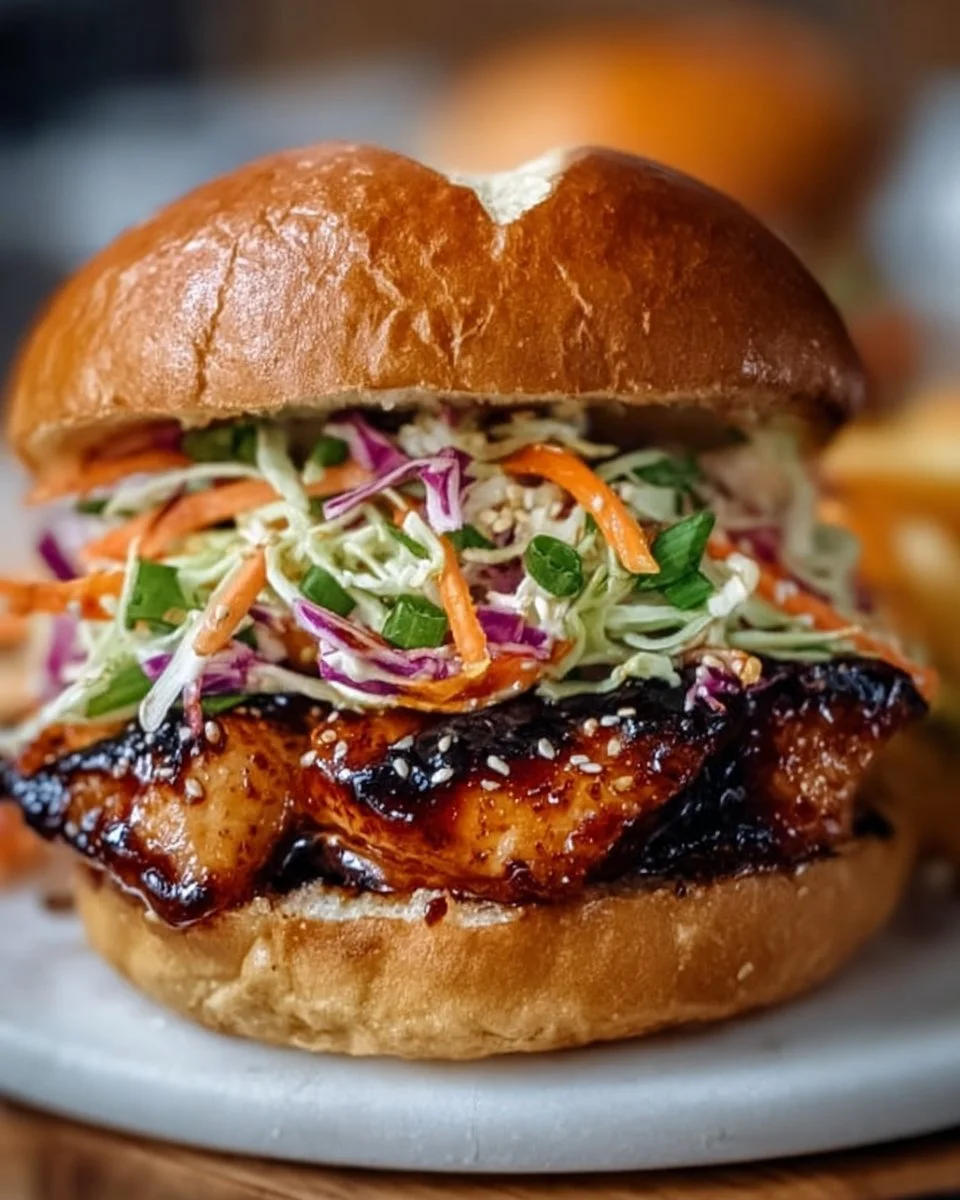 Koreanisches BBQ-Hühnchen-Sandwich mit würzigem Krautsalat-Genuss