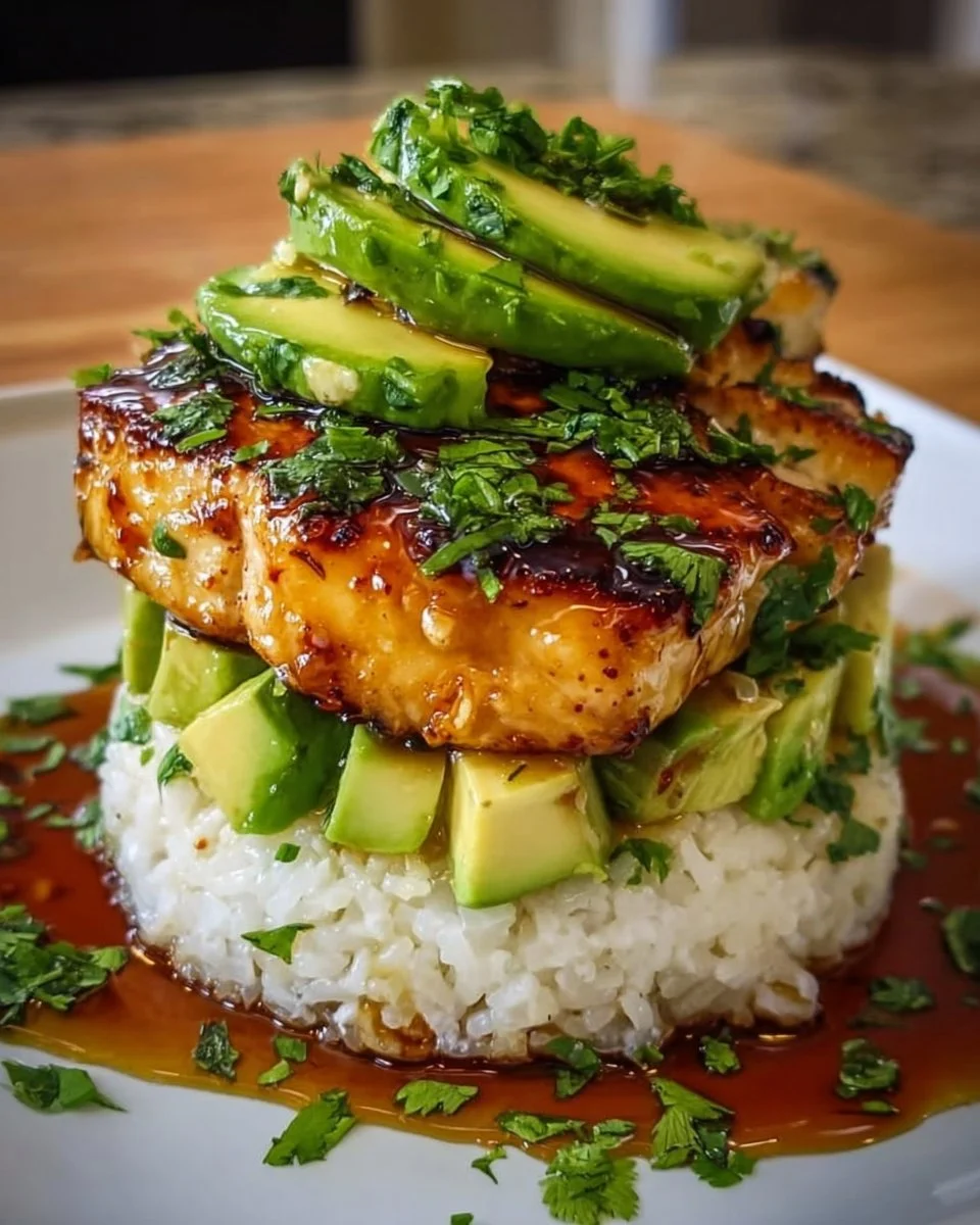 Köstliches Honig-Limetten-Hühnchen mit Avocado-Reis-Stapel-Rezept