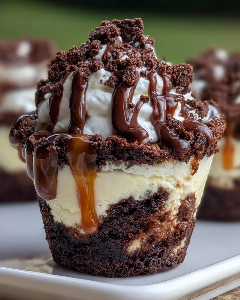 Loaded Brownie Cheesecake Cups in German is: Gestapelte Brownie-Käsekuchen-Tassen.