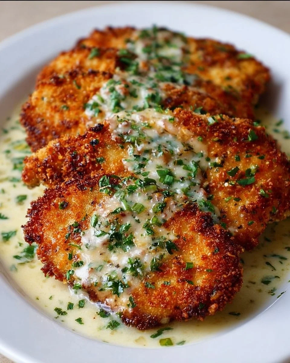 Parmesan-Kruste-Hühnchen mit cremiger Knoblauchsauce – Einfaches Familienabendessen-Rezept