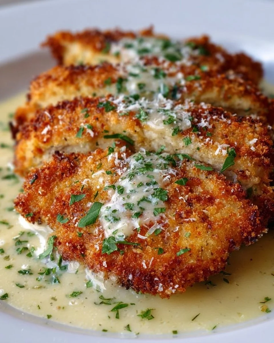 Parmesan-Krustenhühnchen mit cremiger Knoblauchsauce – einfaches Familienabendessen-Rezept