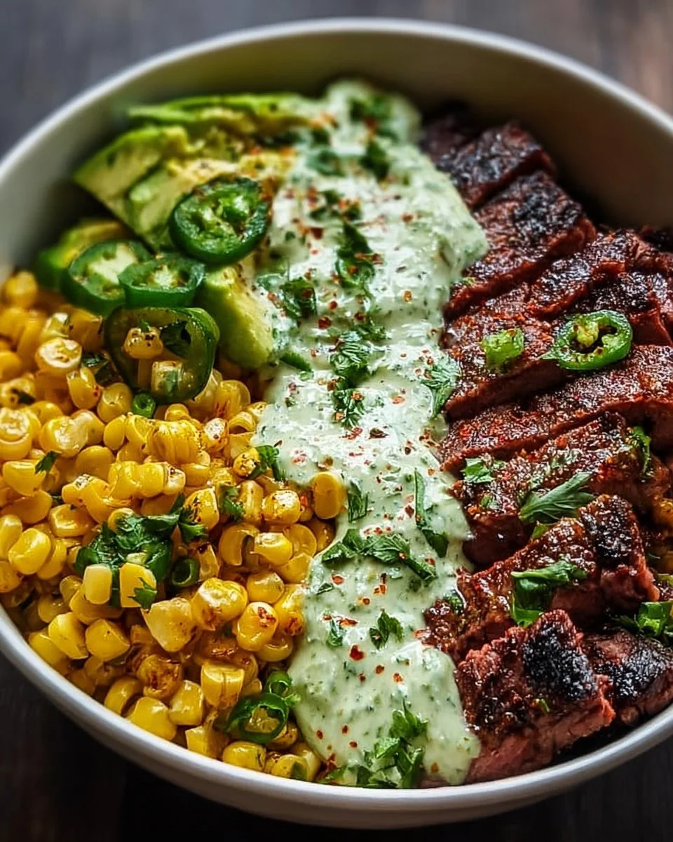 Steak, Avocado, and Roasted Corn Bowl with Cilantro Cream Sauce