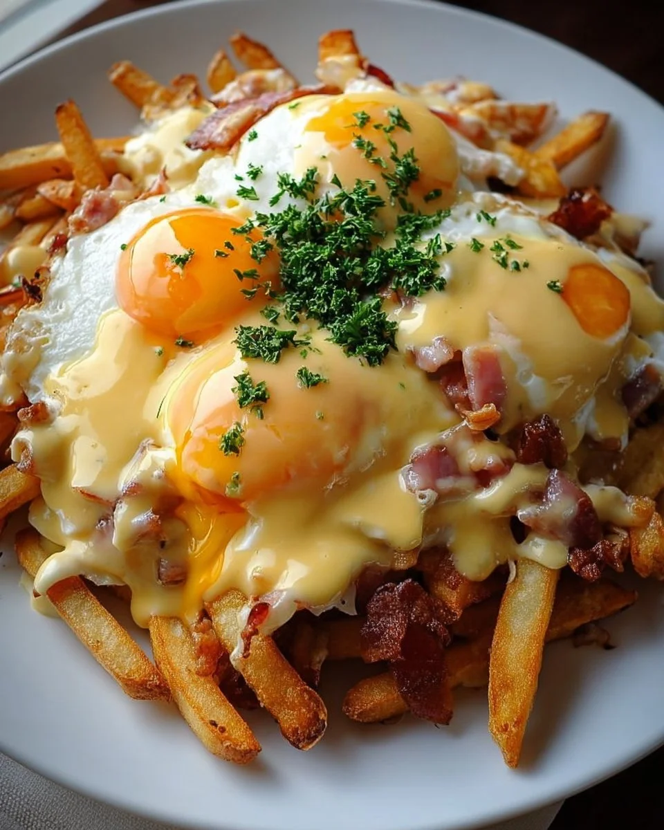 Ultimatives Frühstücks-Poutine mit cremiger Hollandaise-Sauce