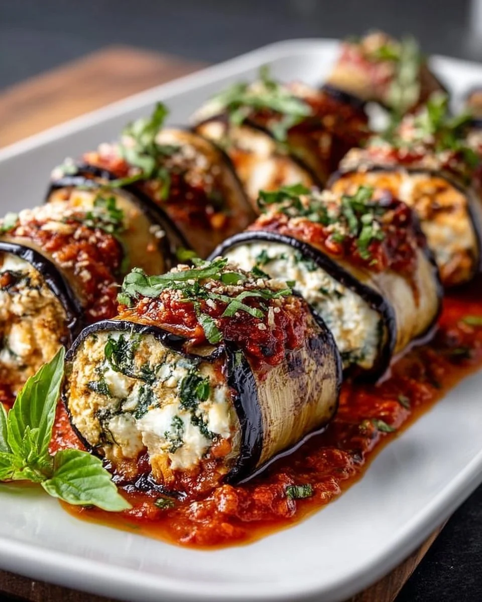 Auberginen-Ricotta-Rollen mit Kräutern und getrockneter Tomatensauce
