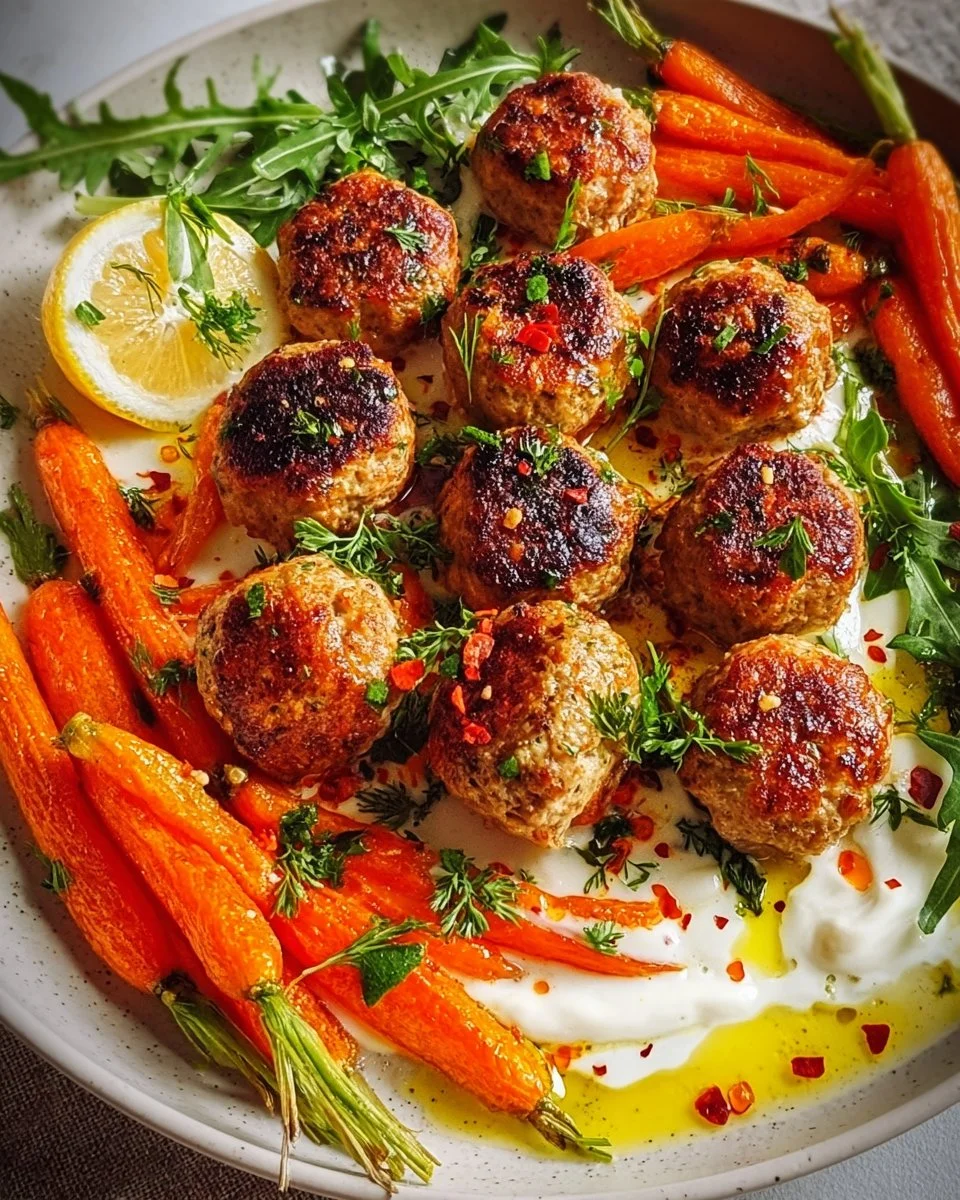 Freiform-Hühnchenfleischbällchen mit Karotten und Joghurt auf einem Teller