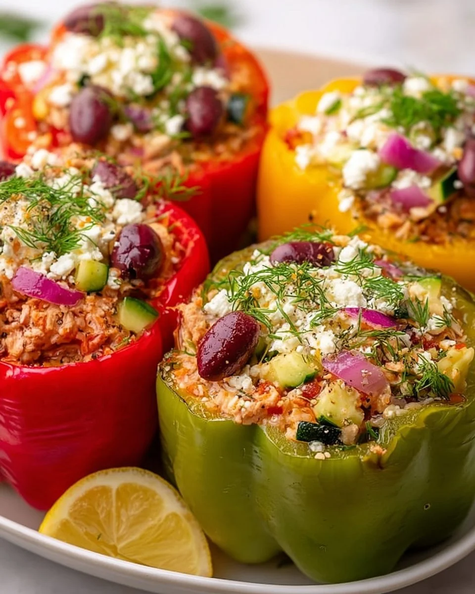 Griechische Hähnchen gefüllte Paprika auf einem Teller serviert
