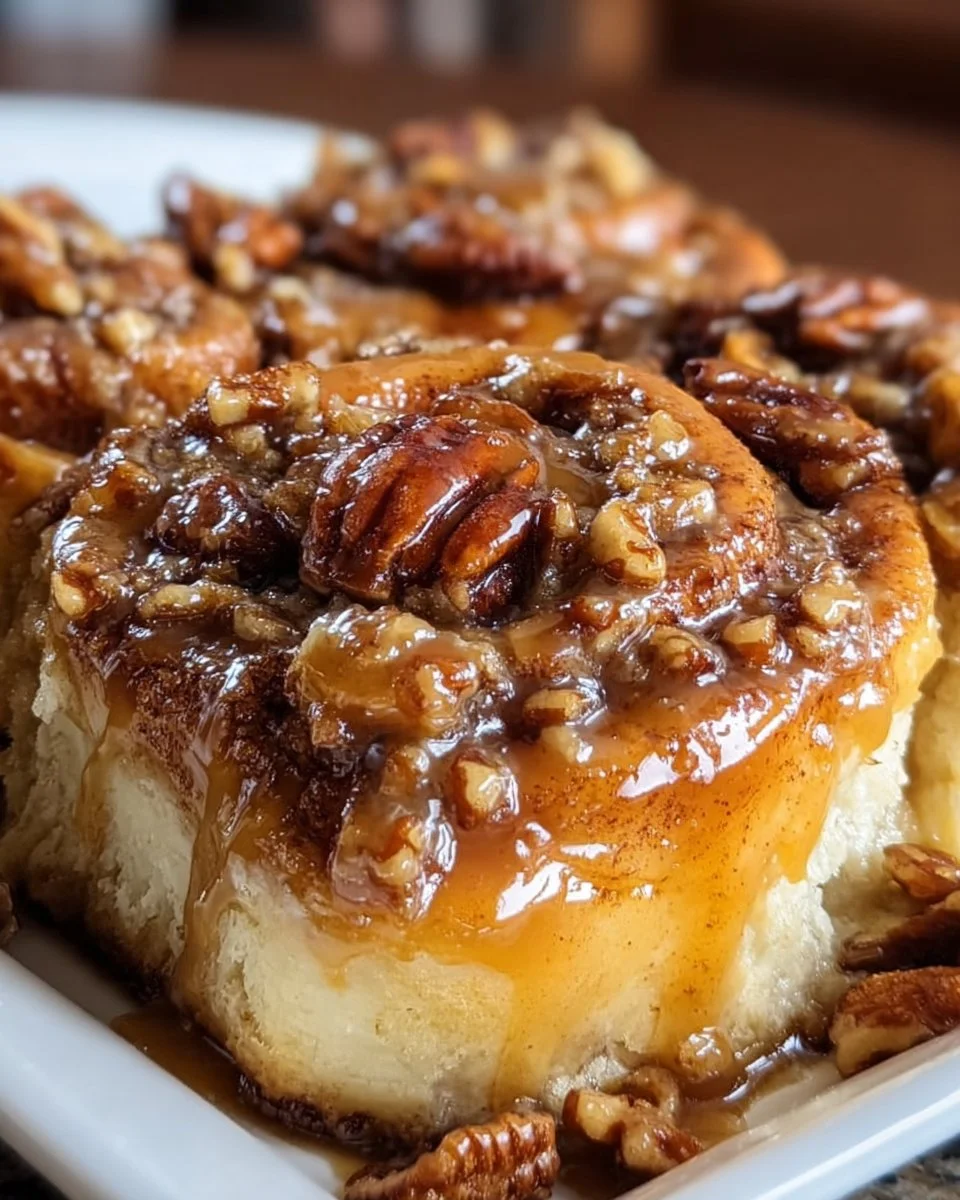 Karamell-Pekan-Nuss-Zimtschnecken frisch gebacken auf einem Holzbrett
