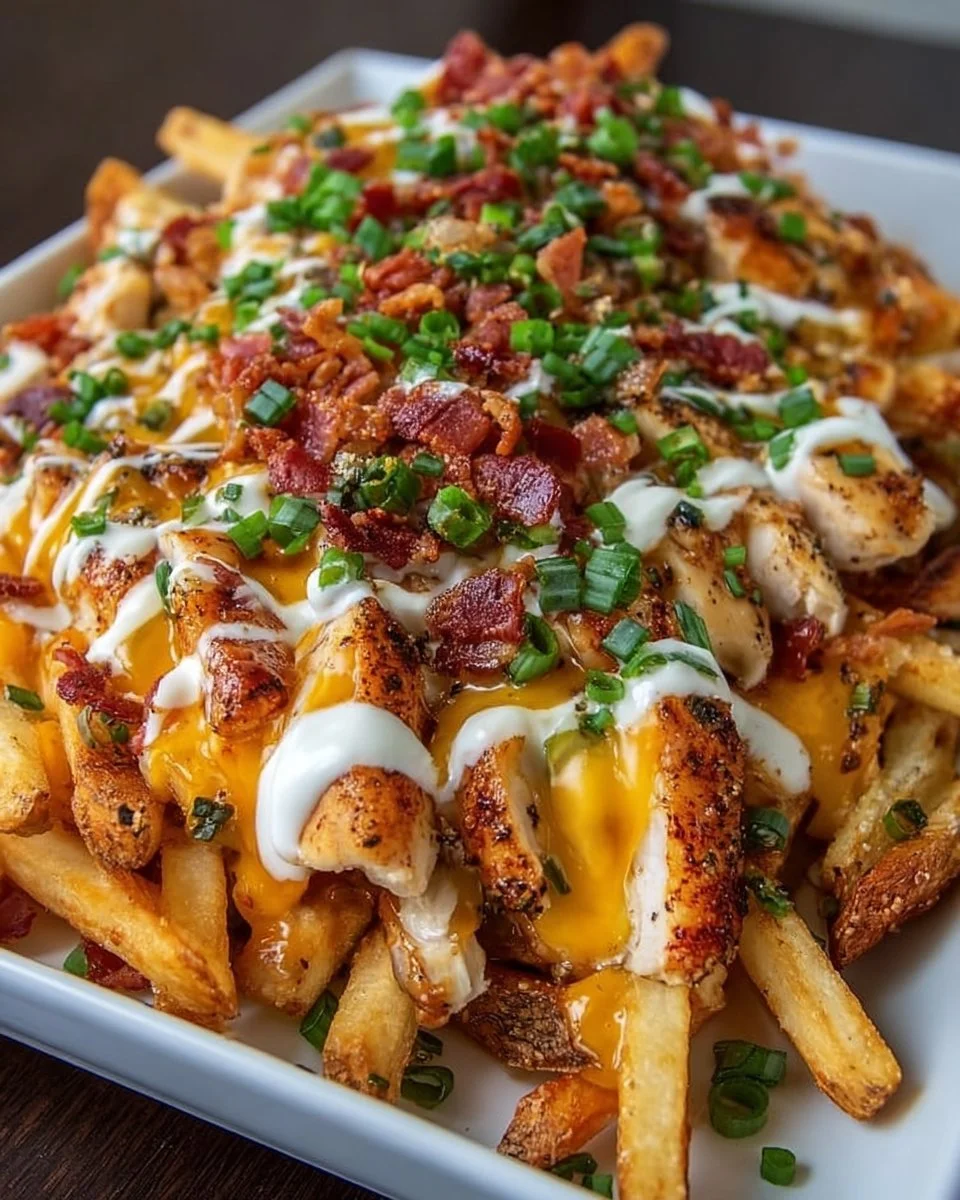 Schmutzige Hähnchen und mit Speck beladene Pommes frites