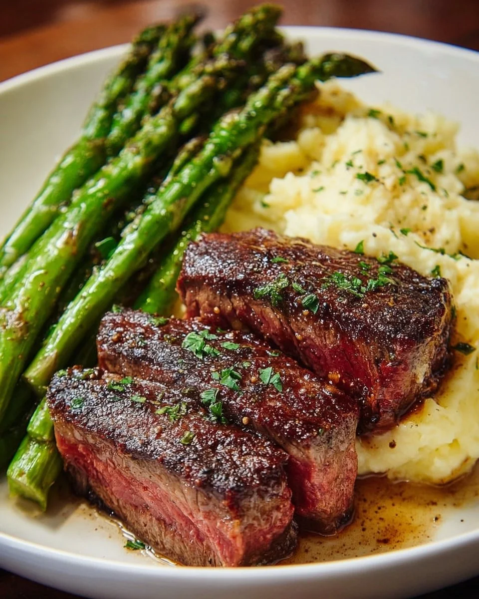 Easy Gourmet Steak with Mashed Potatoes and Asparagus