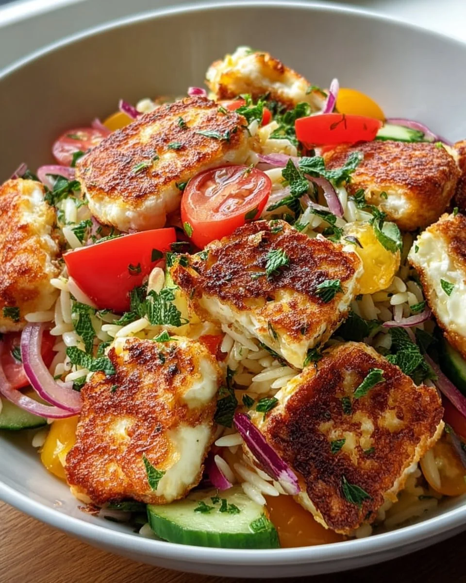 Kritharaki-Salat mit knusprigen Halloumi-Croutons