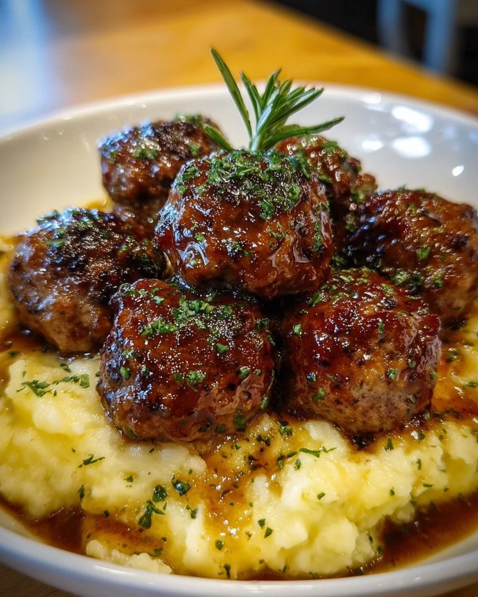 Salisbury Steak Meatballs with Garlic Herb Mashed Potatoes