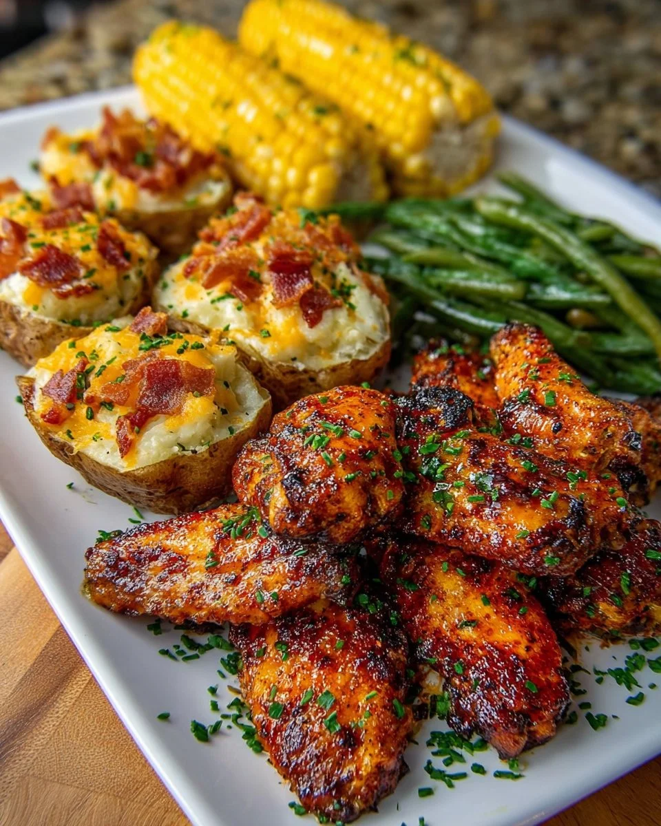 Southern-Style Grilled Chicken Wings with Loaded Baked Potatoes