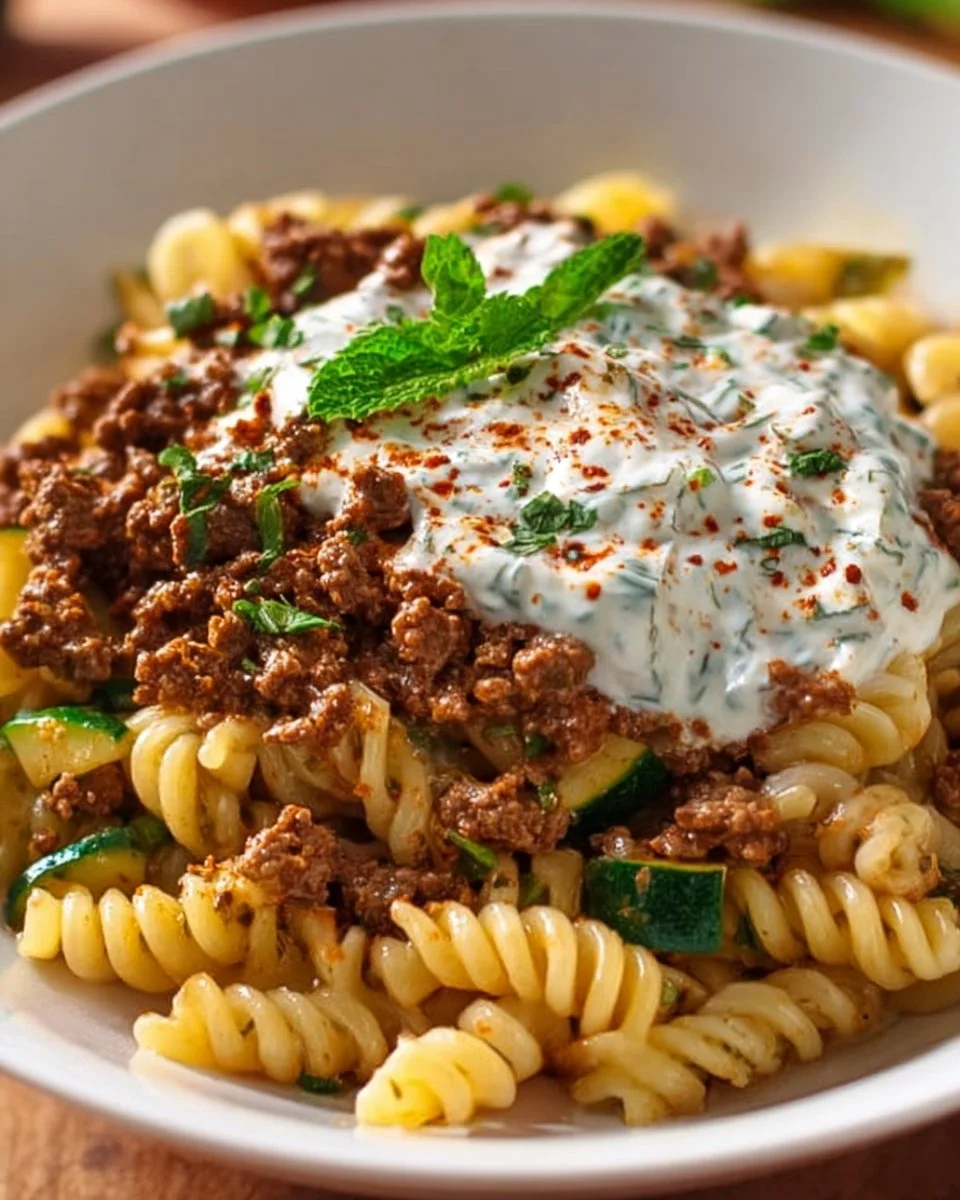 Türkische Pasta mit Hackfleisch und Joghurt-Sauce