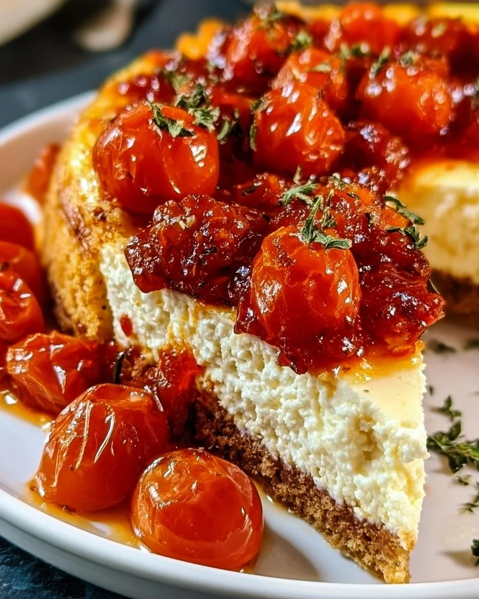 Herzhafter Käsekuchen mit gerösteter Tomatenmarmelade &amp; Parmesanboden